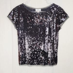 Ann Taylor Loft black all over sequin top Size XS mesh trim short sleeved Glam